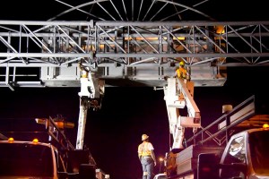 Dynamic Message signs being replaced along I-95 during the first replacement project in Broward County. The signs display critical messages to motorists regarding lane blockages, travel times, and construction information.