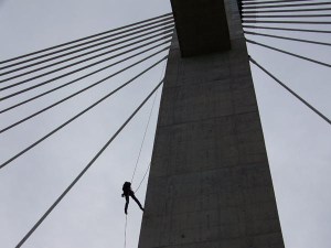 Dangling by ropes from 200-foot towers is only a day on the job for the Kentucky Transportation Cabinet's bridge inspectors in District 9. This cable-stayed bridge crossing the Ohio River at Maysville gets inspected regularly, and rappelled at least once a year.