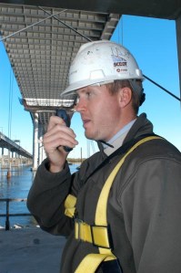 Project Engineer Daniel Burton inspects work on the construction of the new Cooper River Bridge in Charleston, SC, on Dec. 3, 2003. Burton’s job on the project was make sure everything was constructed according to the approved drawings and in conformance with SCDOT specifications.